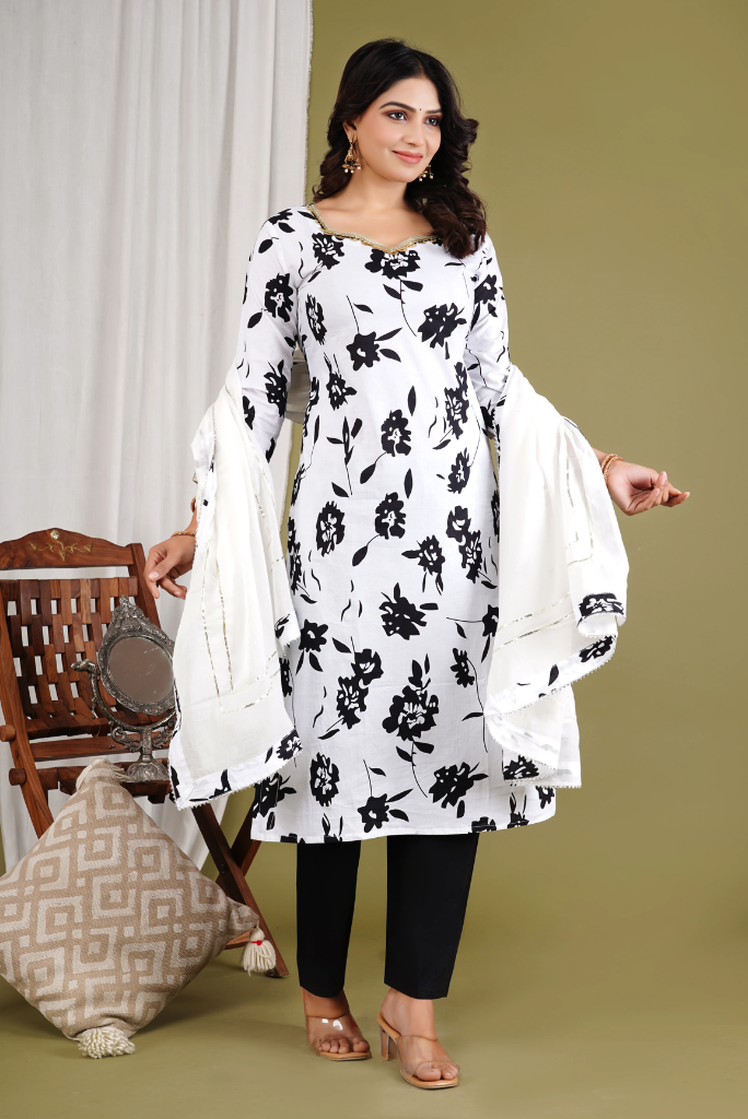 Floral White Cotton Three Piece Suit Set