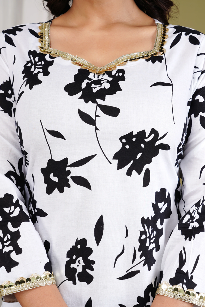 Floral White Cotton Three Piece Suit Set