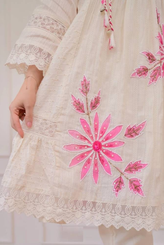 Schiffli Cotton 3 Piece Dress with Handwork
