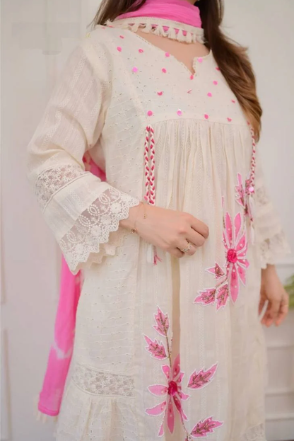 Schiffli Cotton 3 Piece Dress with Handwork