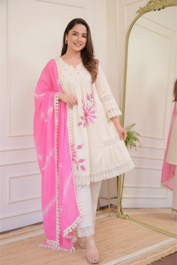 Schiffli Cotton 3 Piece Dress with Handwork