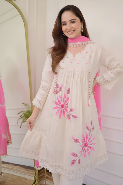 Schiffli Cotton 3 Piece Dress with Handwork