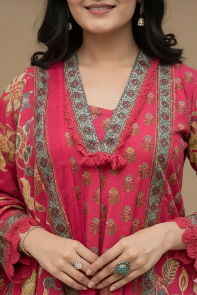 Red Flared Boho Three Piece Cotton Dress