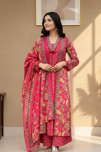 Red Flared Boho Three Piece Cotton Dress