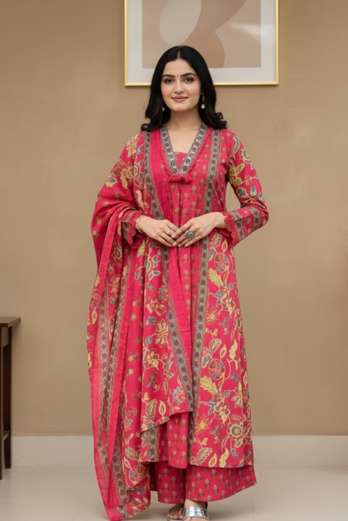 Red Flared Boho Three Piece Cotton Dress