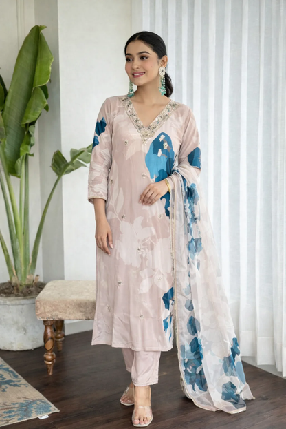 Muslin Crepe Three Piece Festive Suit Set