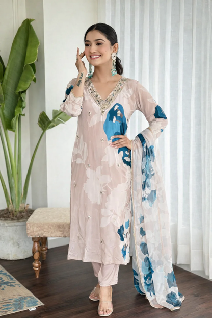 Muslin Crepe Three Piece Festive Suit Set