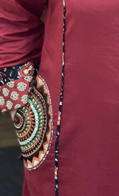Mandala Tribal Embroidery Maroon 3 Piece Kurti Palazzo with Dupatta Set
