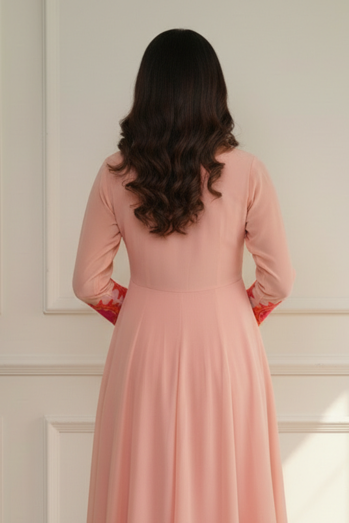 Festive Georgette Pink Embroidered Dress with Mirror Work