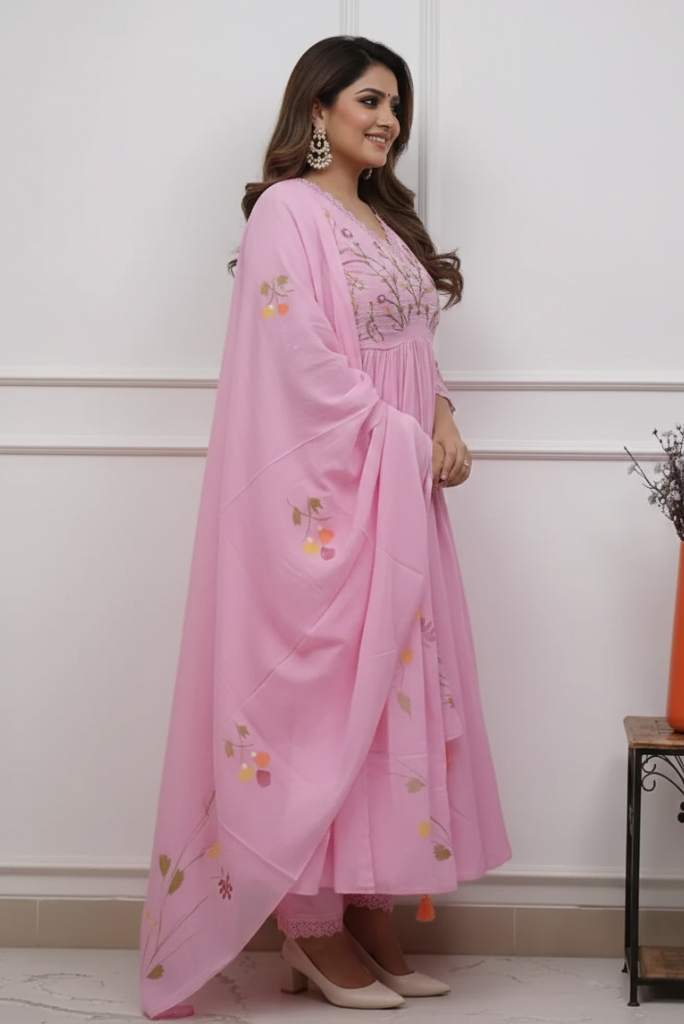 Cotton Pink Flared Anarkali Three Piece Dress