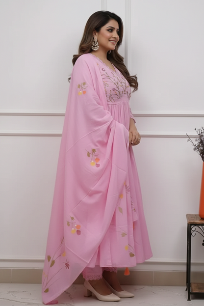 Cotton Pink Flared Anarkali Three Piece Dress