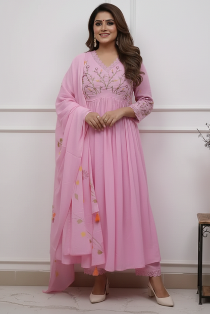 Cotton Pink Flared Anarkali Three Piece Dress