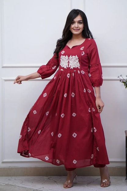 Red Floral Embroidery Cotton Kurta Set