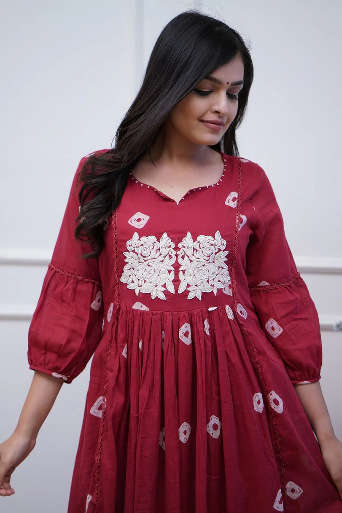 Red Floral Embroidery Cotton Kurta Set