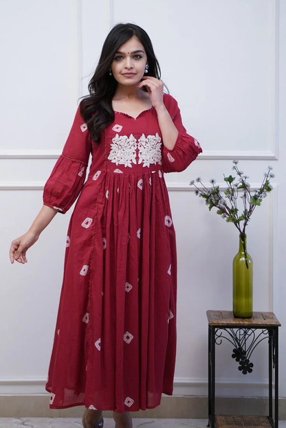 Red Floral Embroidery Cotton Kurta Set