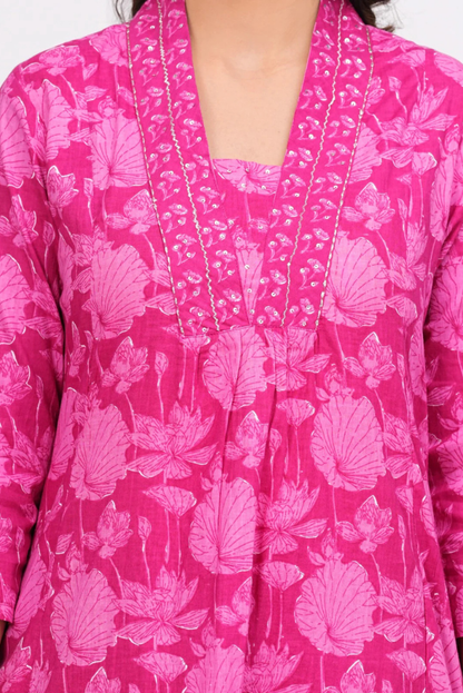 Floral Pink Three Piece Flared Dress with Sequence Handwork