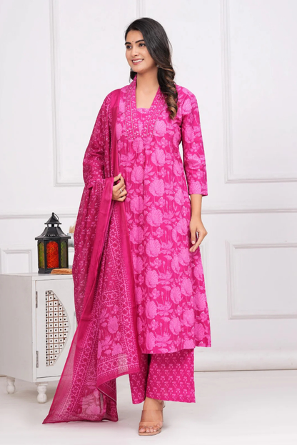 Floral Pink Three Piece Flared Dress with Sequence Handwork