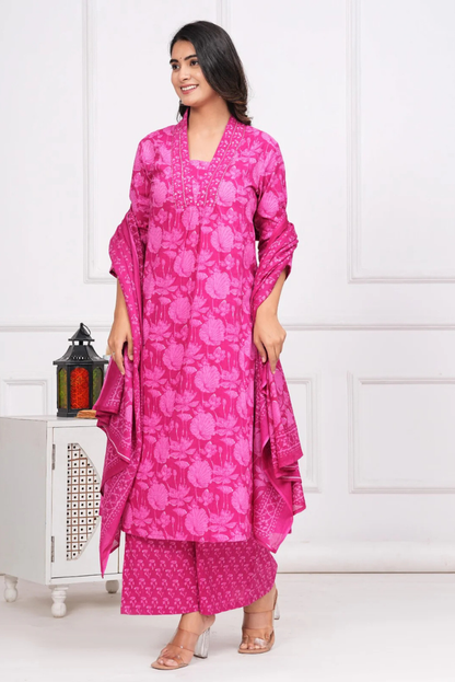 Floral Pink Three Piece Flared Dress with Sequence Handwork