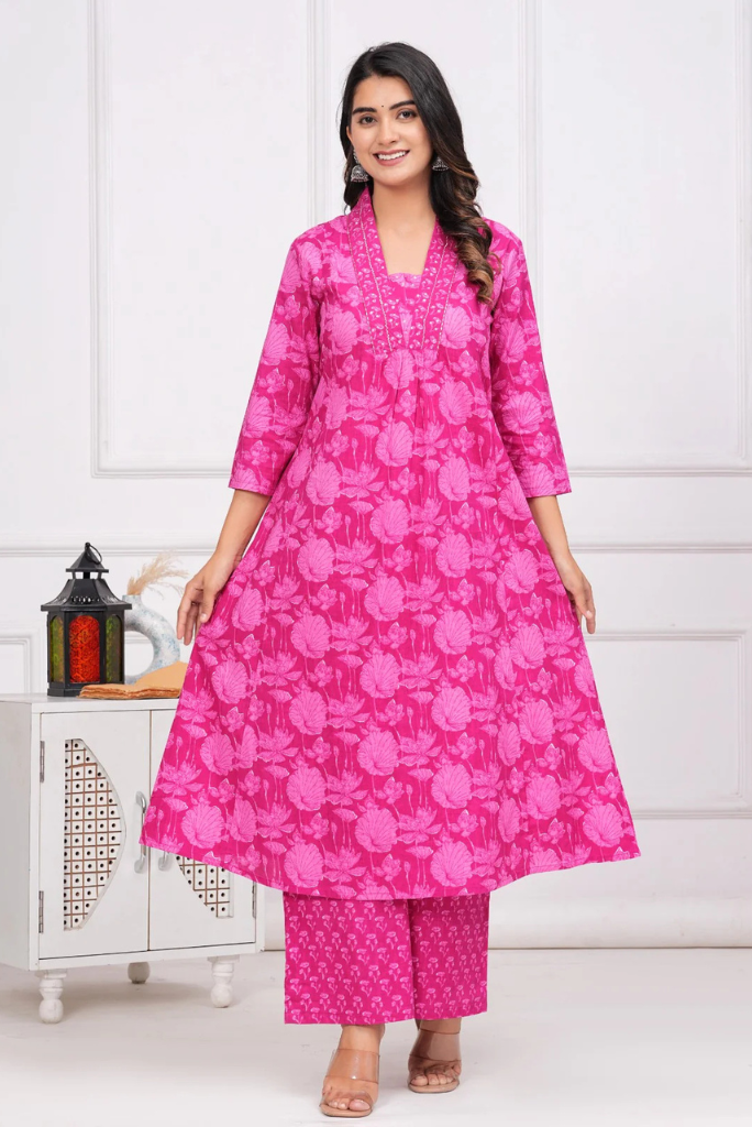 Floral Pink Three Piece Flared Dress with Sequence Handwork
