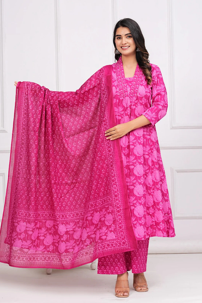 Floral Pink Three Piece Flared Dress with Sequence Handwork