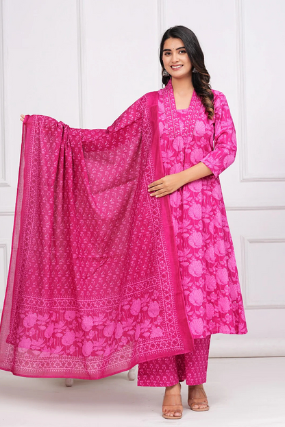 Floral Pink Three Piece Flared Dress with Sequence Handwork