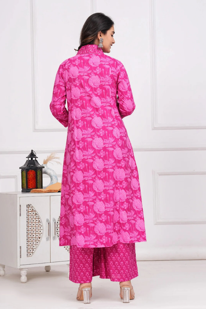 Floral Pink Three Piece Flared Dress with Sequence Handwork