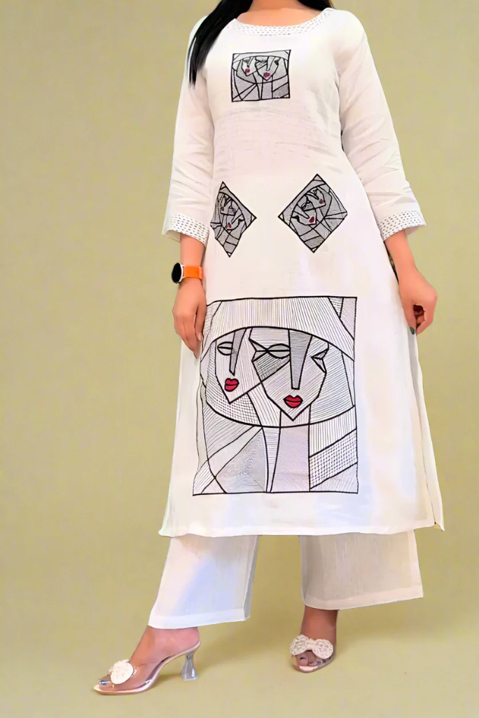 Designer Embroidered White Cotton Kurta Set
