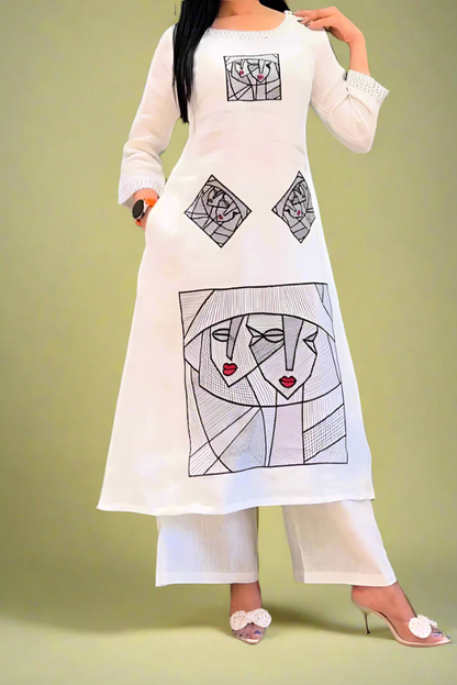 Designer Embroidered White Cotton Kurta Set