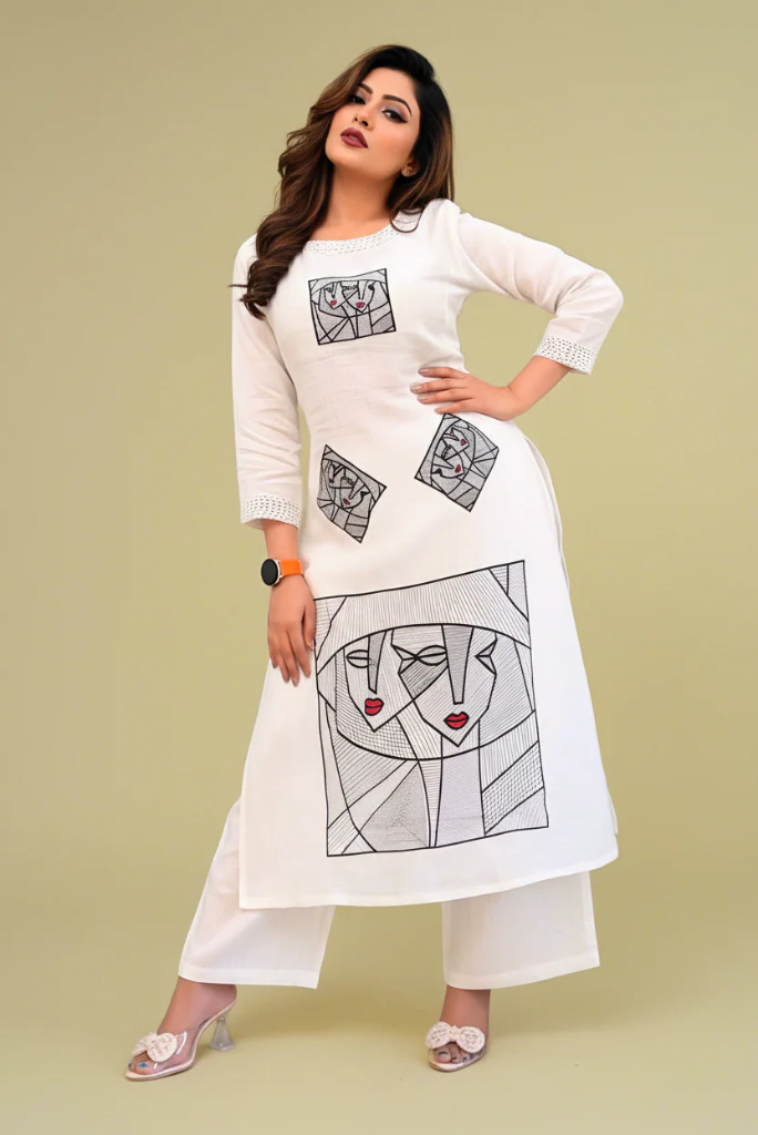 Designer Embroidered White Cotton Kurta Set