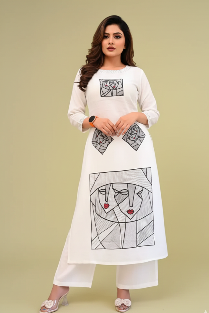 Designer Embroidered White Cotton Kurta Set