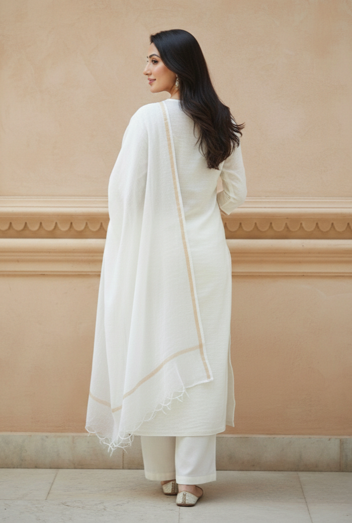 White Embroidered Chanderi Salwar Suit Set
