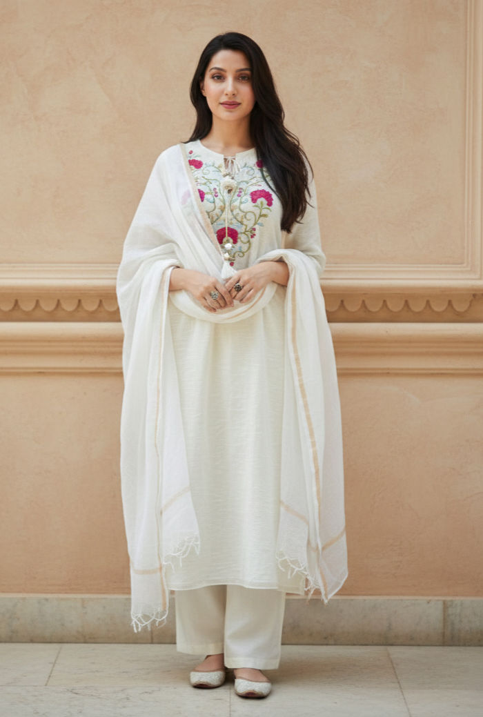 White Embroidered Chanderi Salwar Suit Set