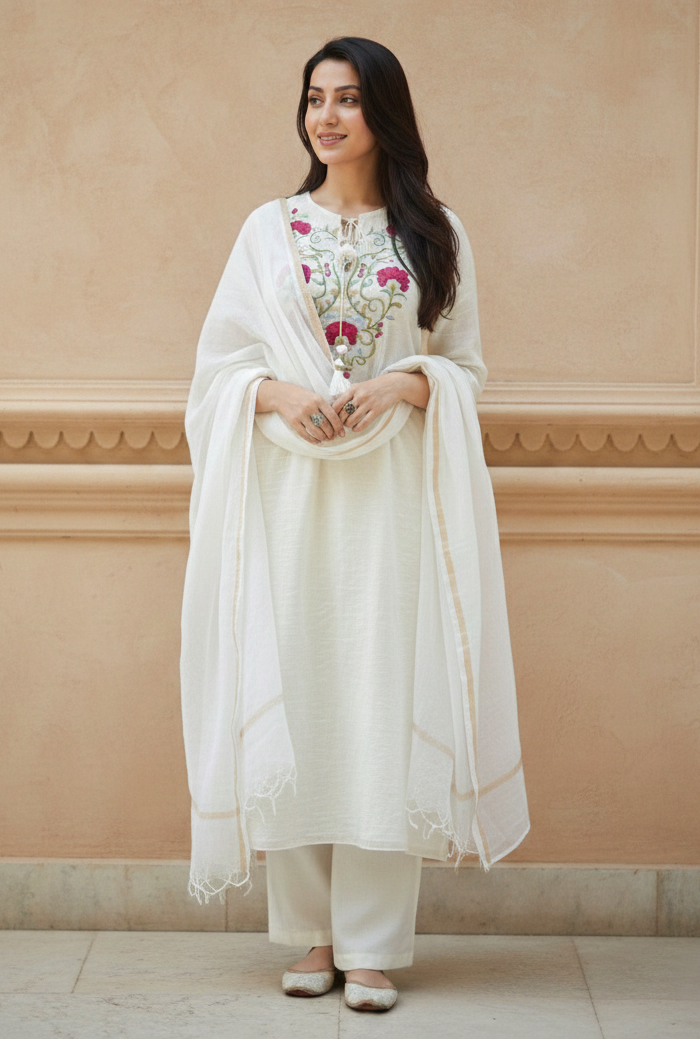 White Embroidered Chanderi Salwar Suit Set