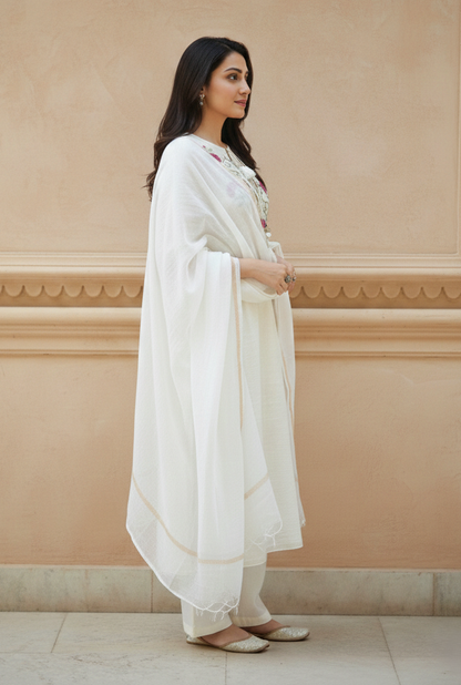 White Embroidered Chanderi Salwar Suit Set