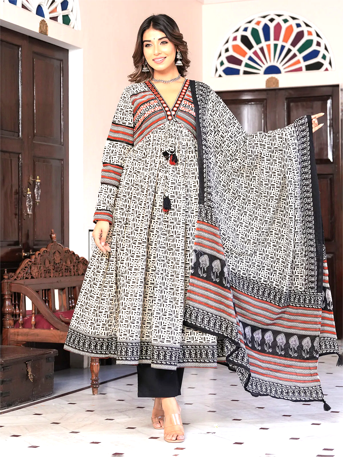 Designer Cotton printed Three Piece Dress with Patchwork