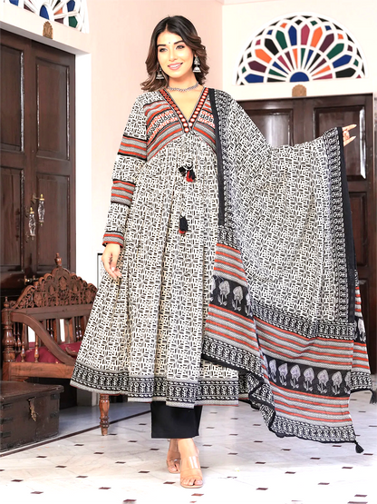 Designer Cotton printed Three Piece Dress with Patchwork