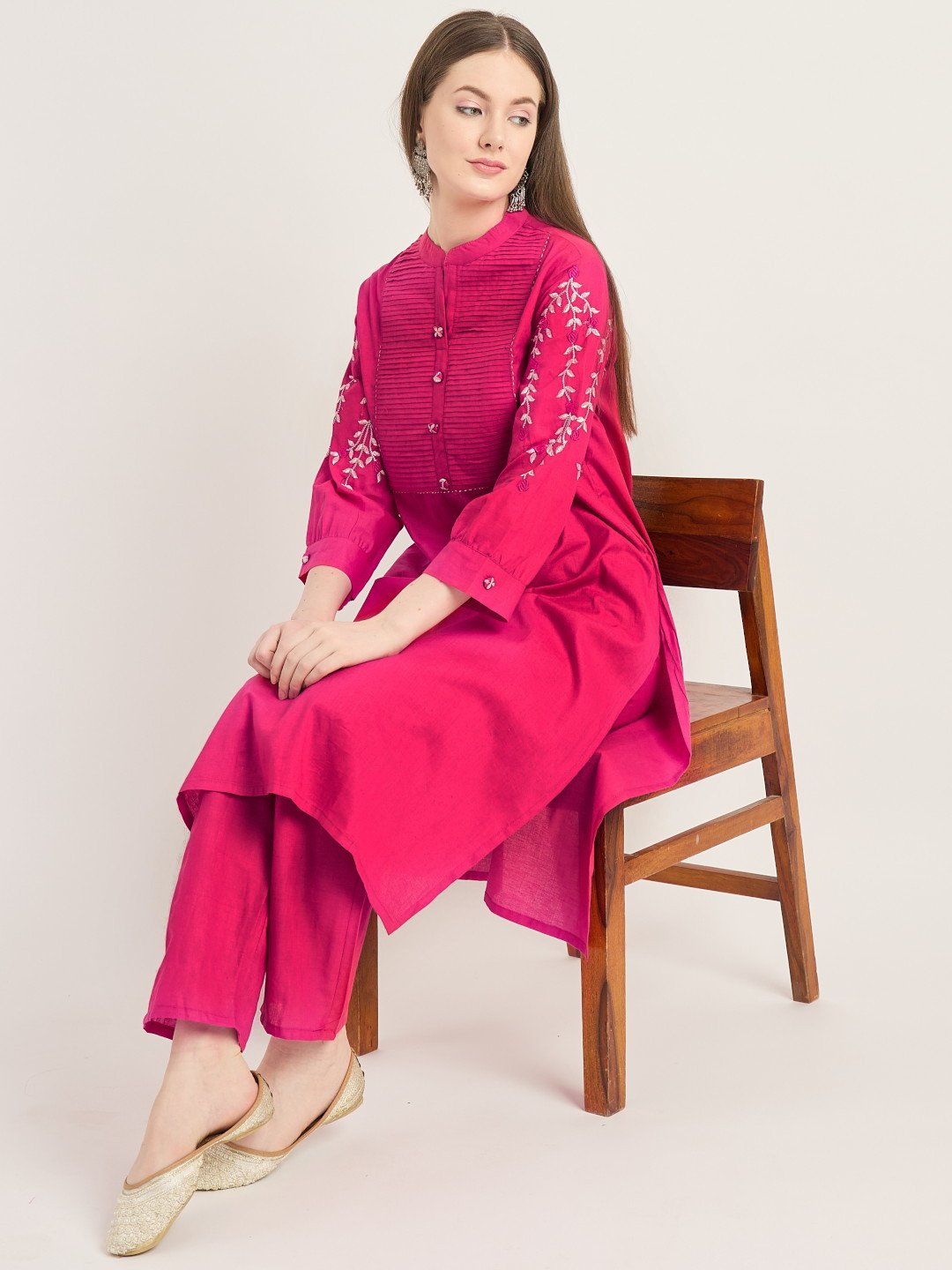 Cotton Pink Kurta Set with Embroidered Sleeves