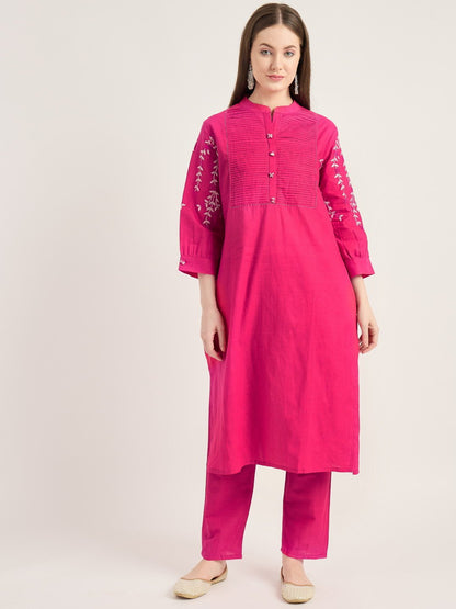 Cotton Pink Kurta Set with Embroidered Sleeves
