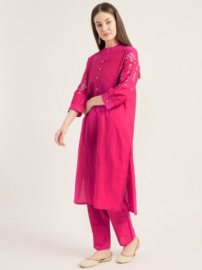 Cotton Pink Kurta Set with Embroidered Sleeves
