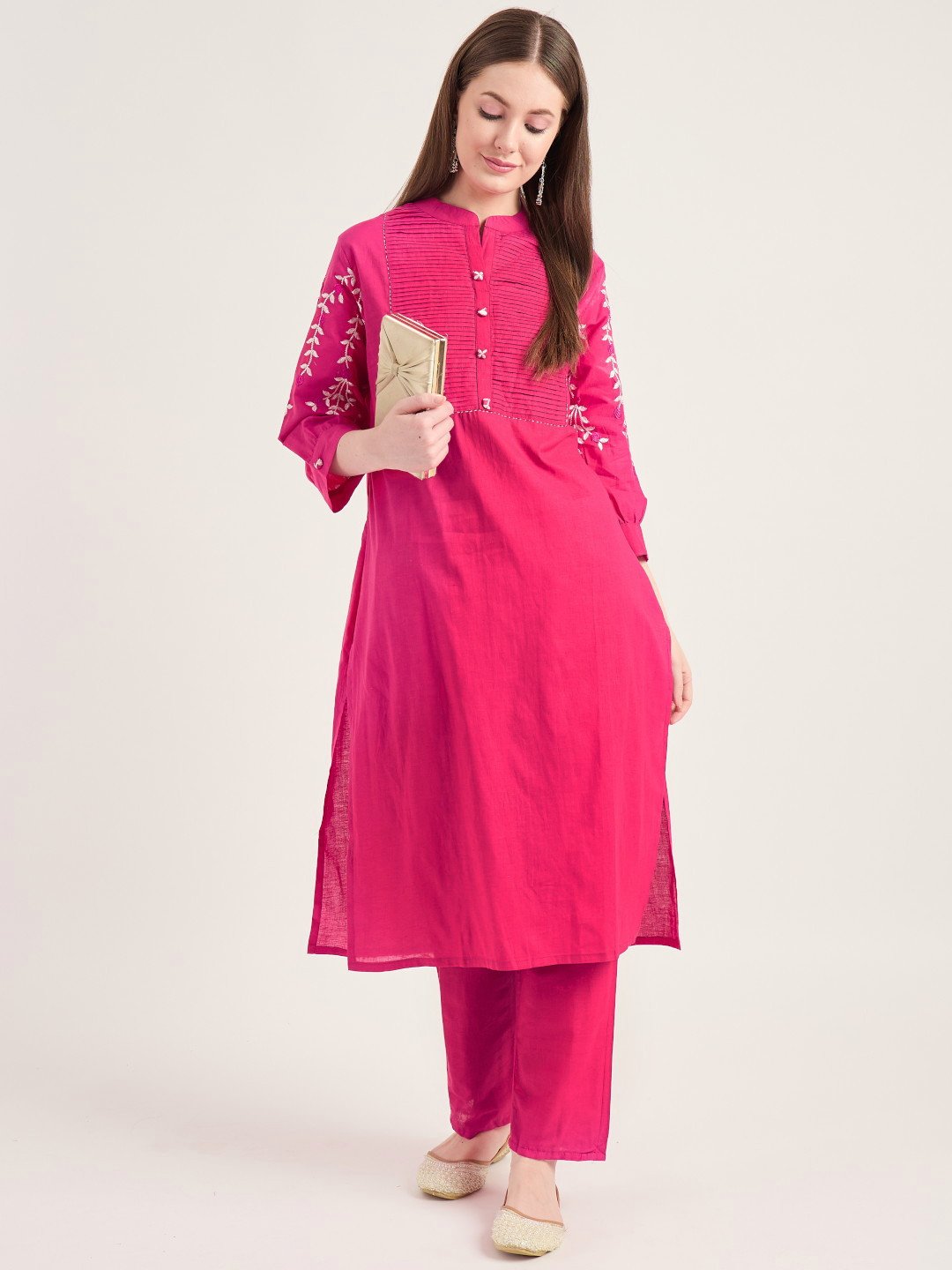 Cotton Pink Kurta Set with Embroidered Sleeves
