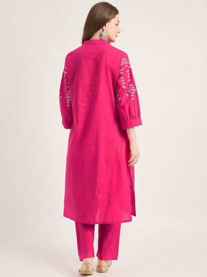Cotton Pink Kurta Set with Embroidered Sleeves