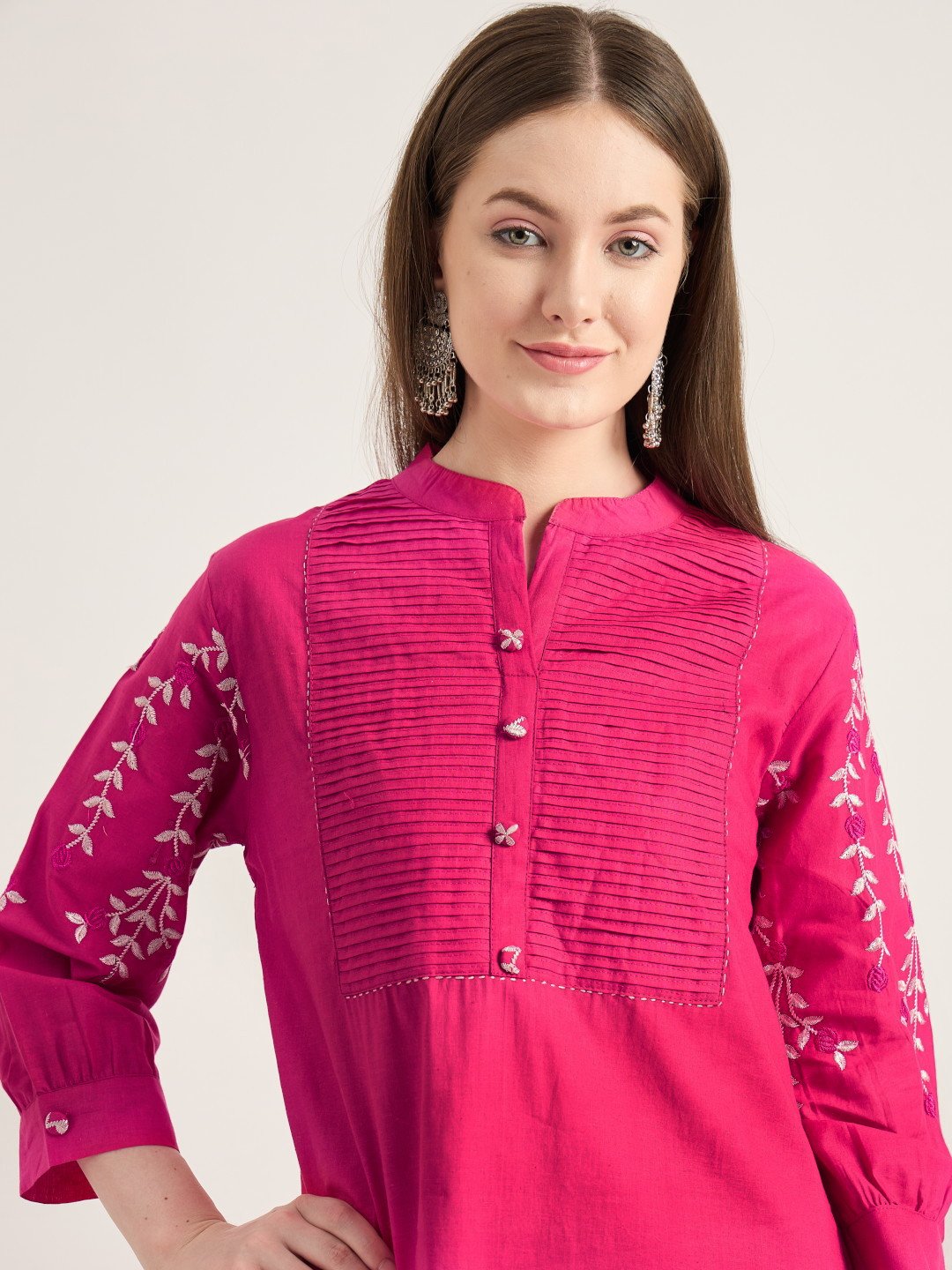 Cotton Pink Kurta Set with Embroidered Sleeves