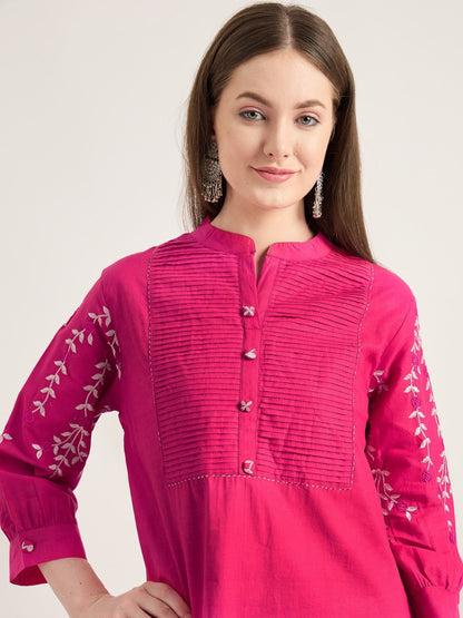 Cotton Pink Kurta Set with Embroidered Sleeves