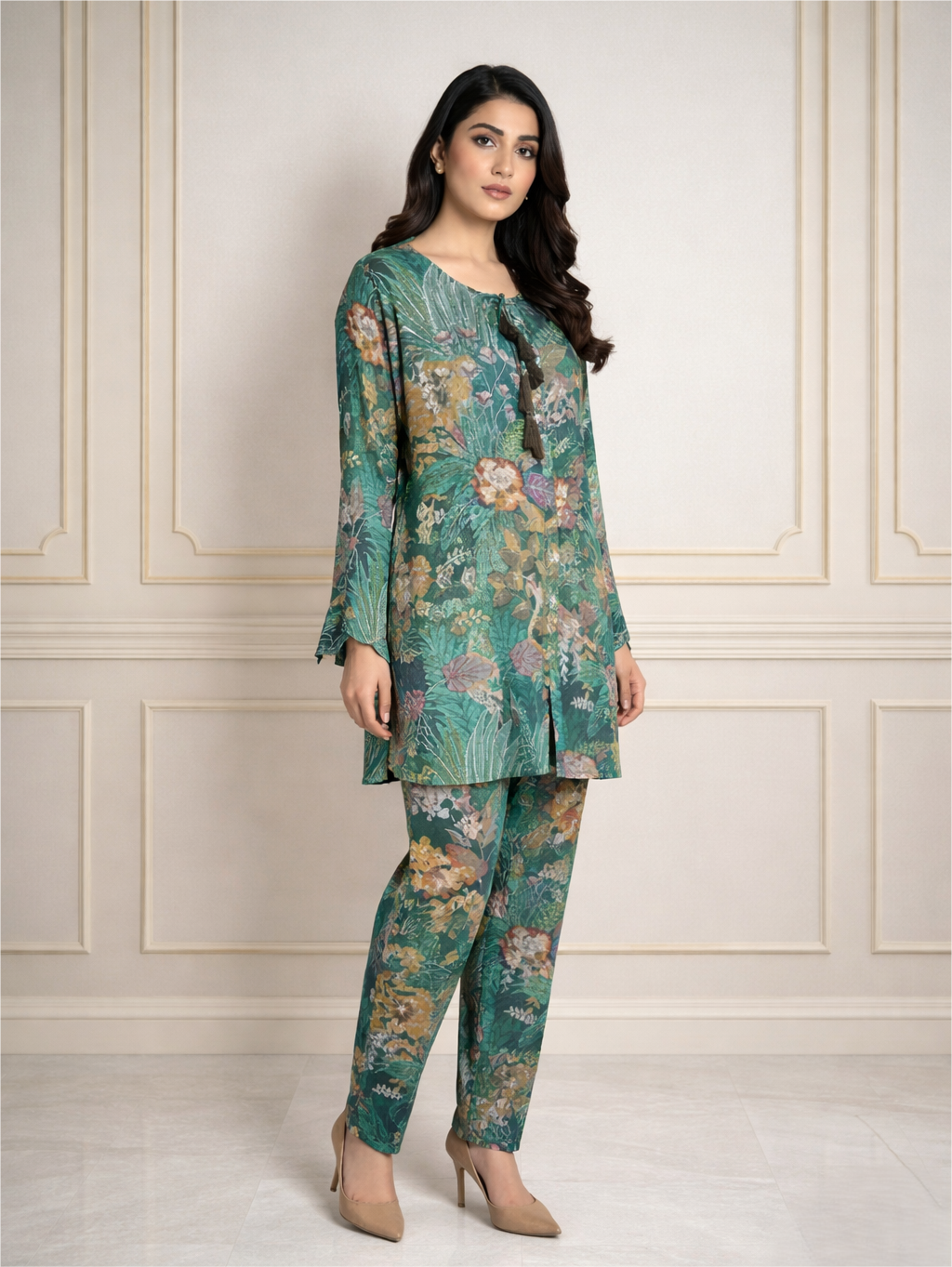 Muslin Sea Green Floral Printed Coord Set with Handwork