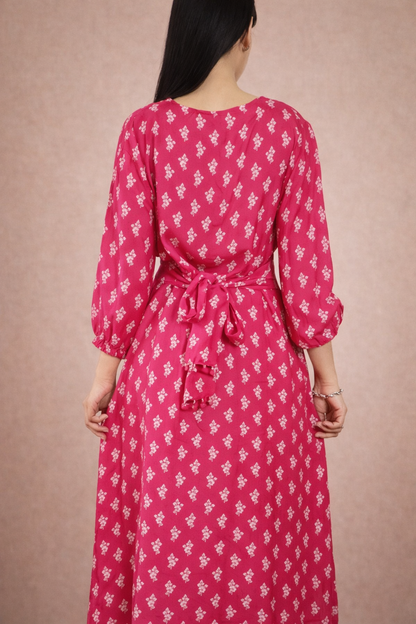 Crimson Red Muslin Silk A-line Two Piece Kurta set with Back Tie