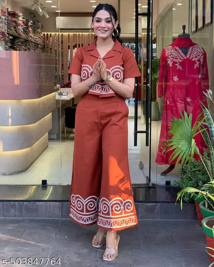 Brown Embroidered Coord Set with Crop Top and Flared Pants