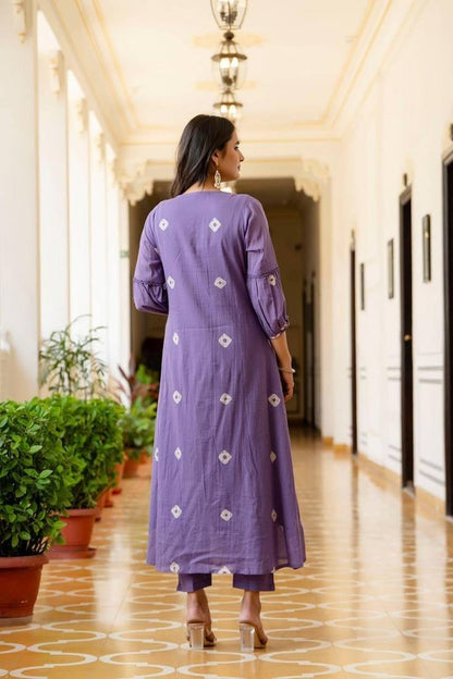 Cotton Purple Flared Kurta Set with Ajrakh Embroidery