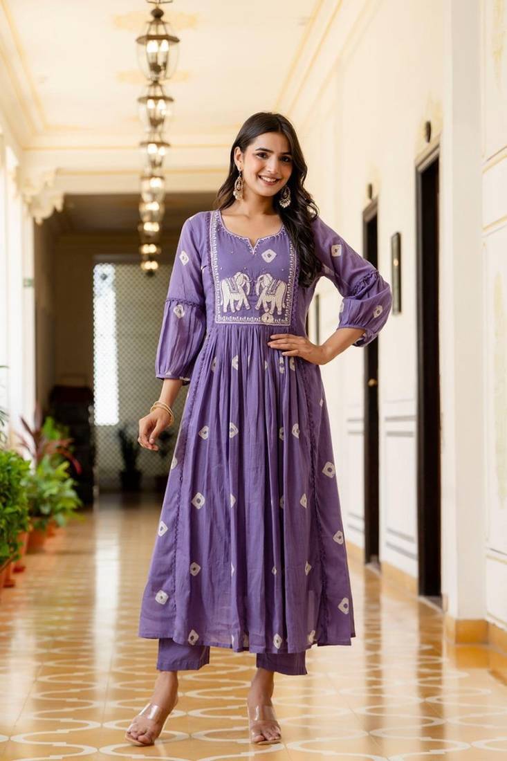 Cotton Purple Flared Kurta Set with Ajrakh Embroidery