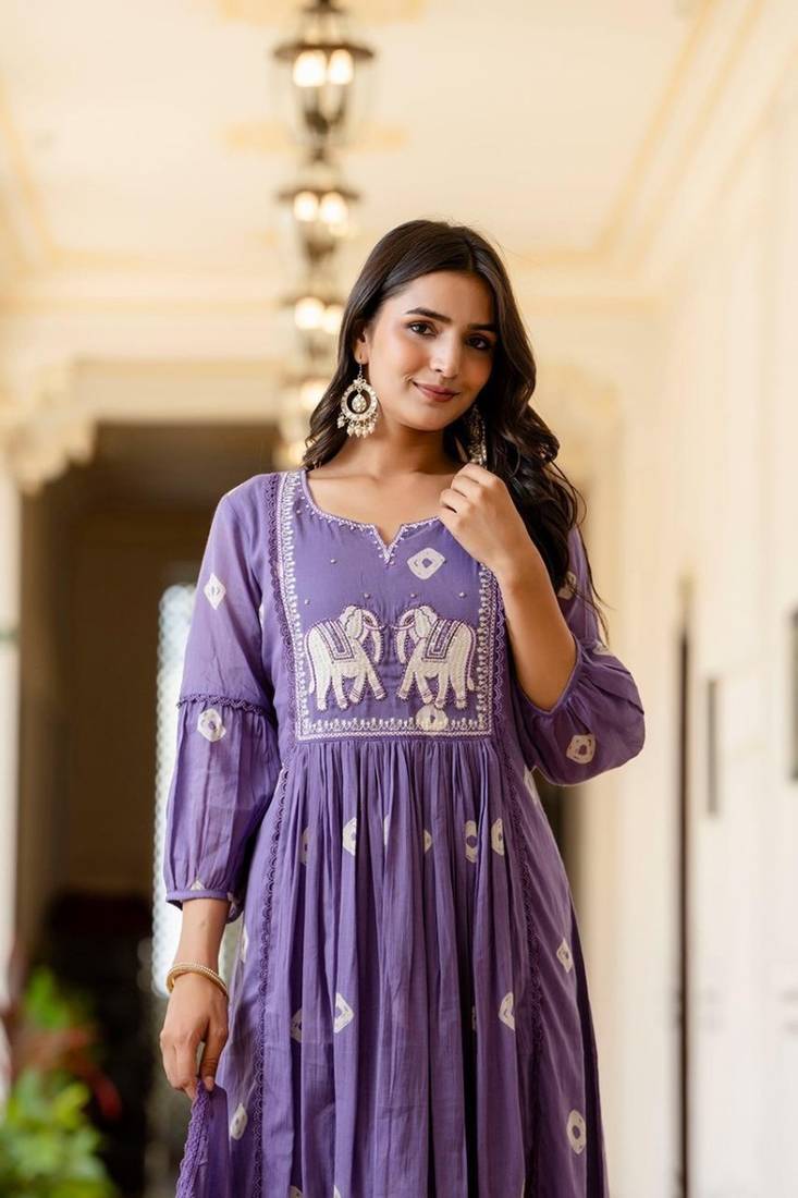Cotton Purple Flared Kurta Set with Ajrakh Embroidery