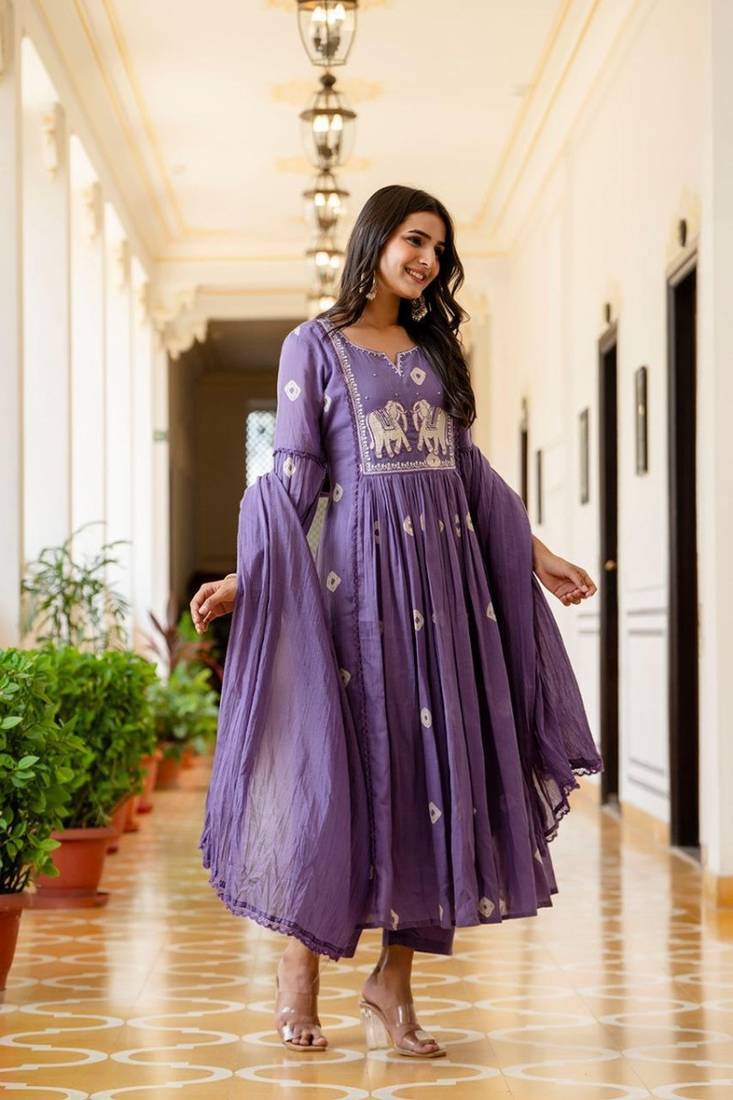 Cotton Purple Flared Kurta Set with Ajrakh Embroidery